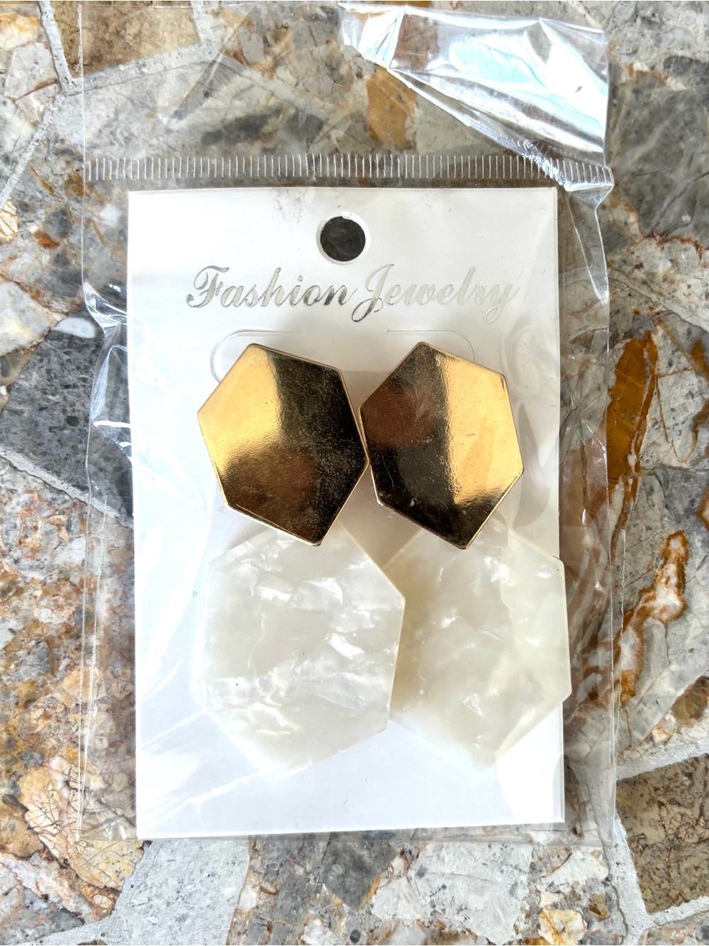 Geometric Gold & Pearl Acrylic Statement Earrings | Lightweight | New
